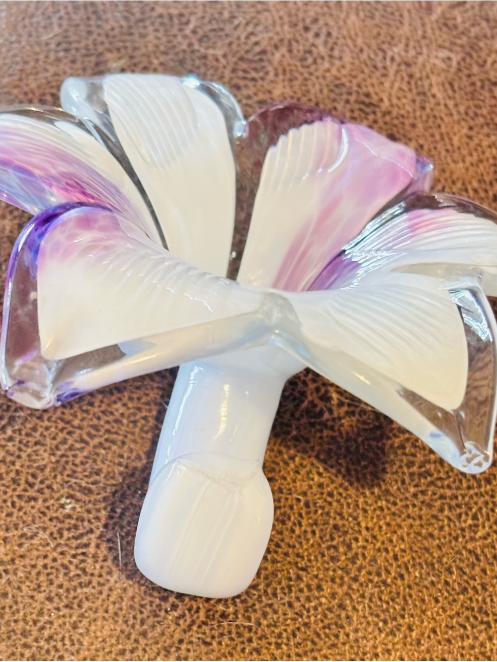 Beautiful Italian Murano Style Art Glass Flower Purple and White Made in Italy
